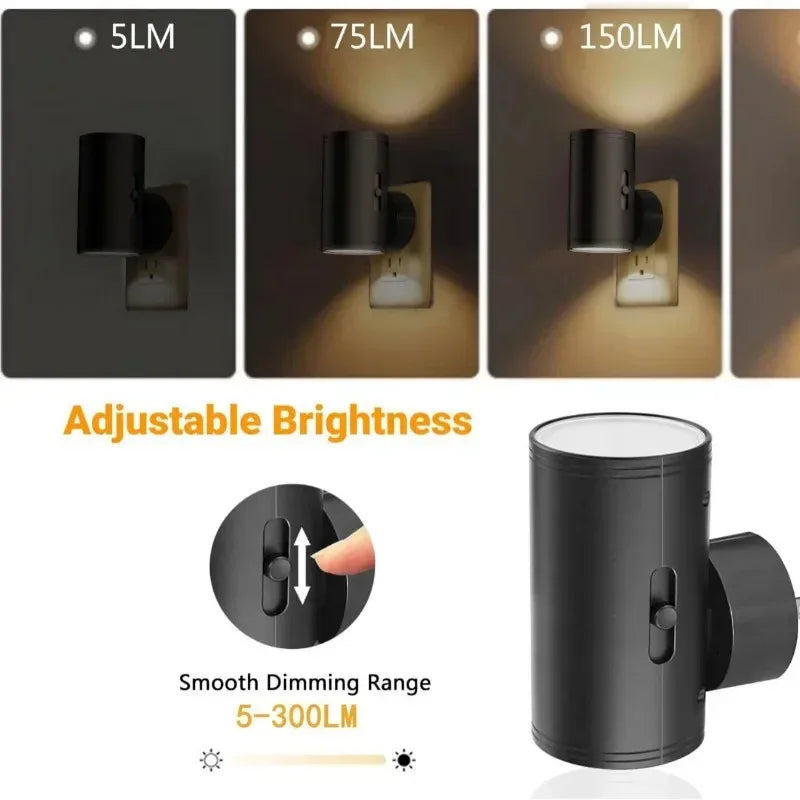 Cylindrical LED Plug-In Night Light with Sensor, Dimmable Adjustable Brightness — Warm White & RGB Wall Lamp for Bedroom Hallway