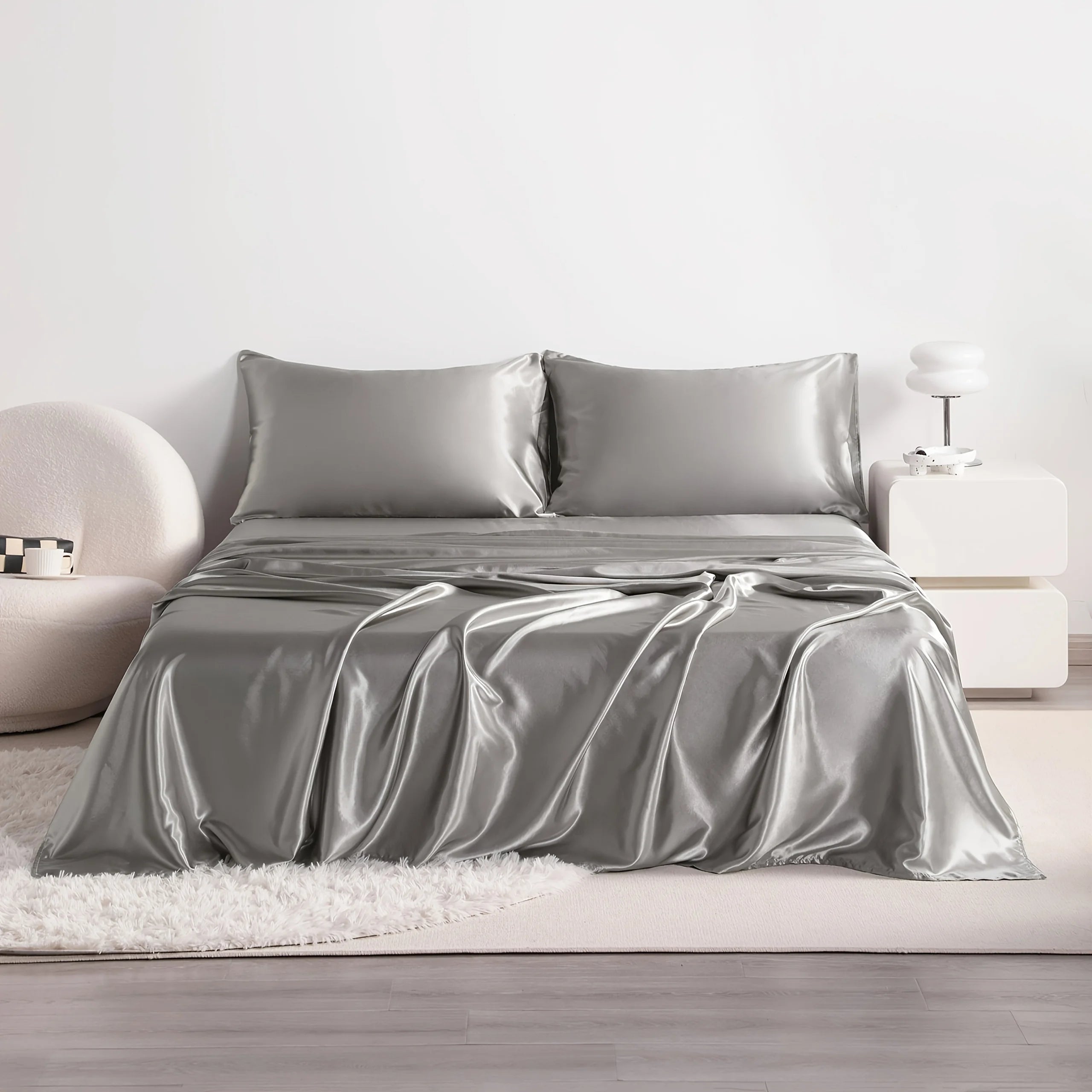 4-Piece Cooling Satin Bed Sheet Set – Breathable Hypoallergenic 500TC Flat Sheet, Fitted Sheet & 2 Pillowcases