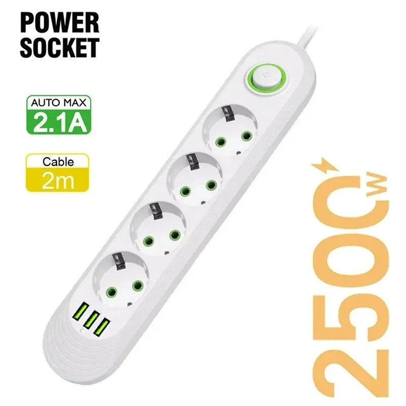 2500W EU Power Strip — 5-Outlet Extension Cord with 3 USB Ports, 2.0m (6.6ft) Cable, Overload Protection