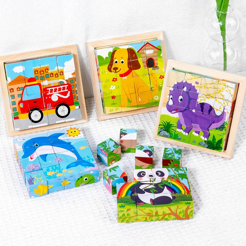 Wooden Six-Sided Animal Matching Puzzle Blocks Set – Montessori Early Learning Toy (Ages 3+)