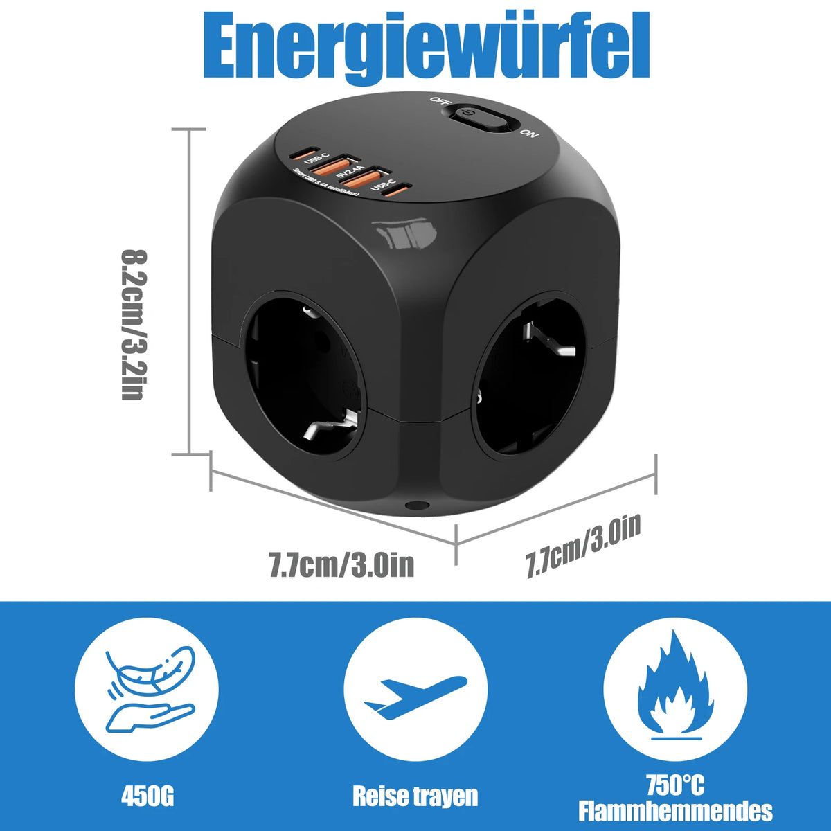 EU Wall Socket Power Hub – 4 AC Outlets + 4 USB (2 USB-C) Smart Fast Charging Compact Travel Plug