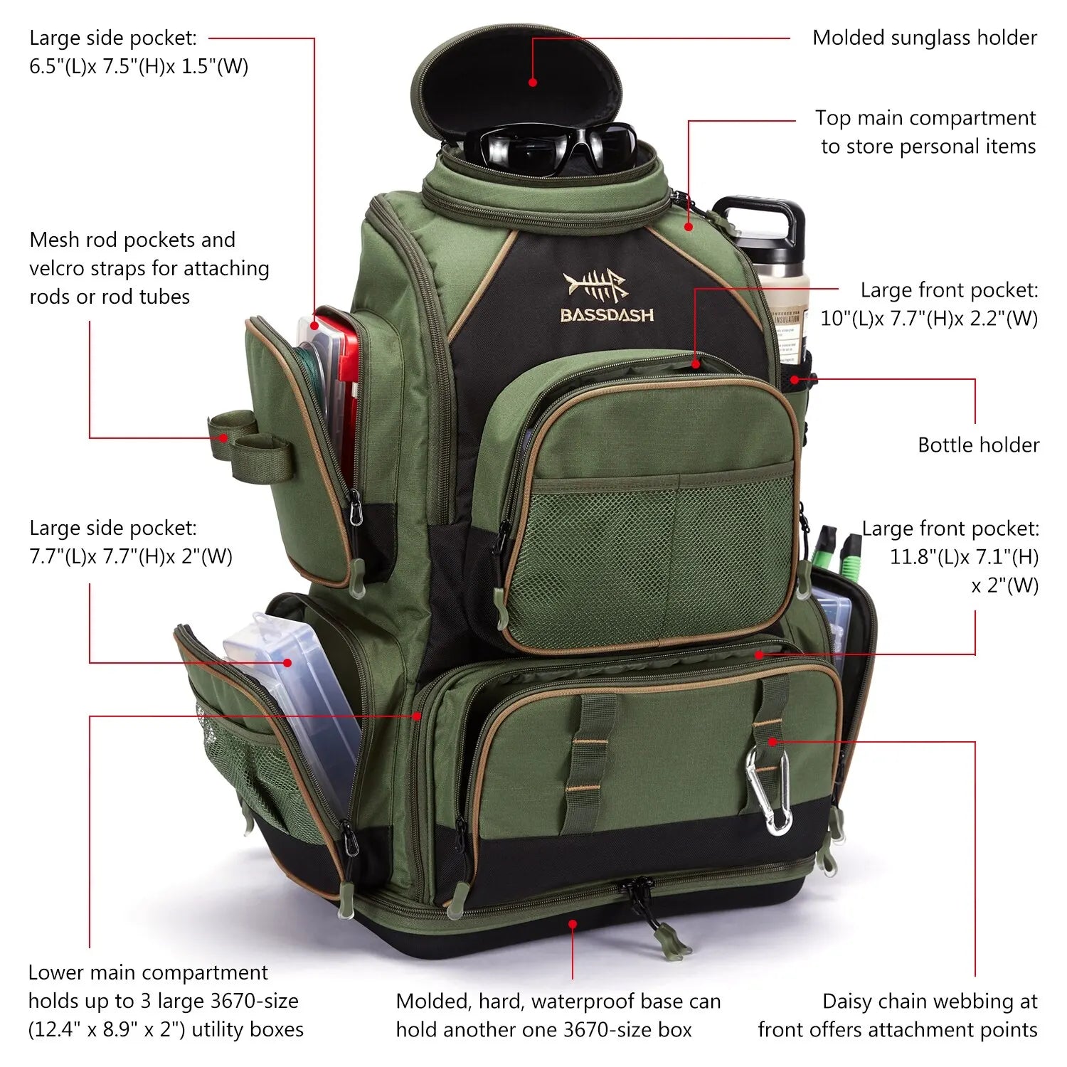 Lightweight Tactical Fishing Tackle Backpack with Soft Tackle Box and Rain Cover