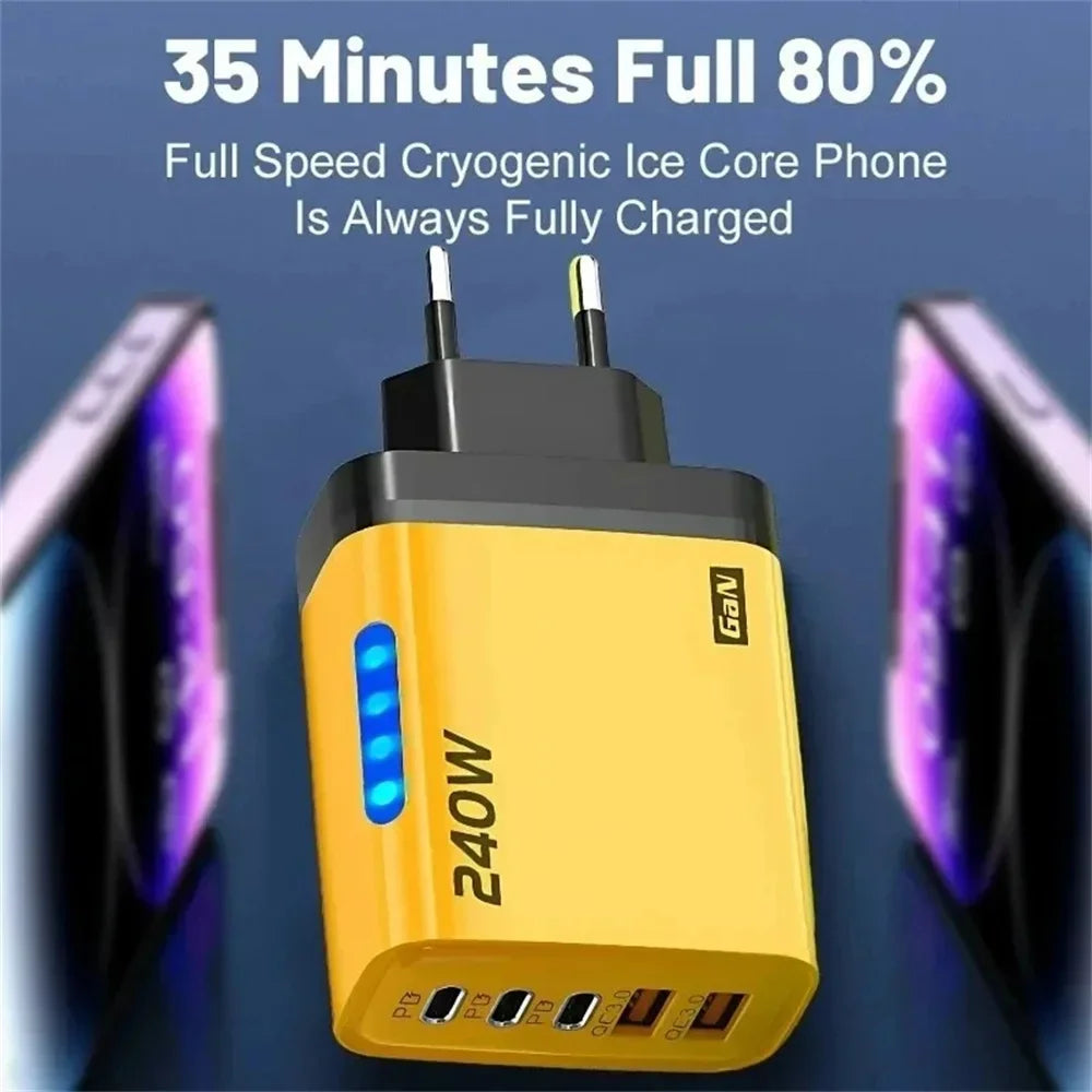 240W 5-Port USB-C PD Fast Charger GaN – Quick Charge 3.0 Adapter (3×Type-C + 2×USB-A)