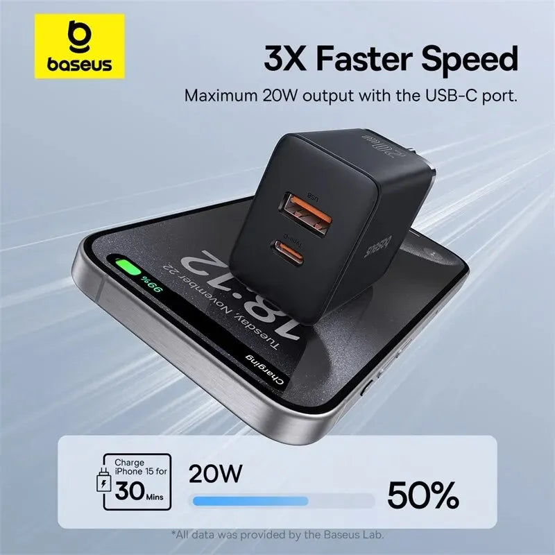 20W PD USB-C Fast Charger Dual Port (USB-C + USB-A) QC3.0/QC4.0 Quick Charge for iPhone 15 14 13 12 11 Samsung Xiaomi
