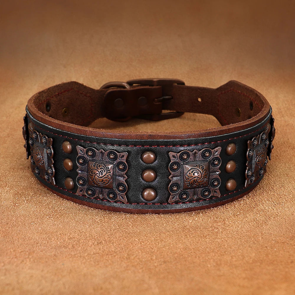 Genuine Leather Spiked Dog Collar – Adjustable L/XL for Medium & Large Dogs (Pitbull, Bulldog, German Shepherd) – Black Brown Green