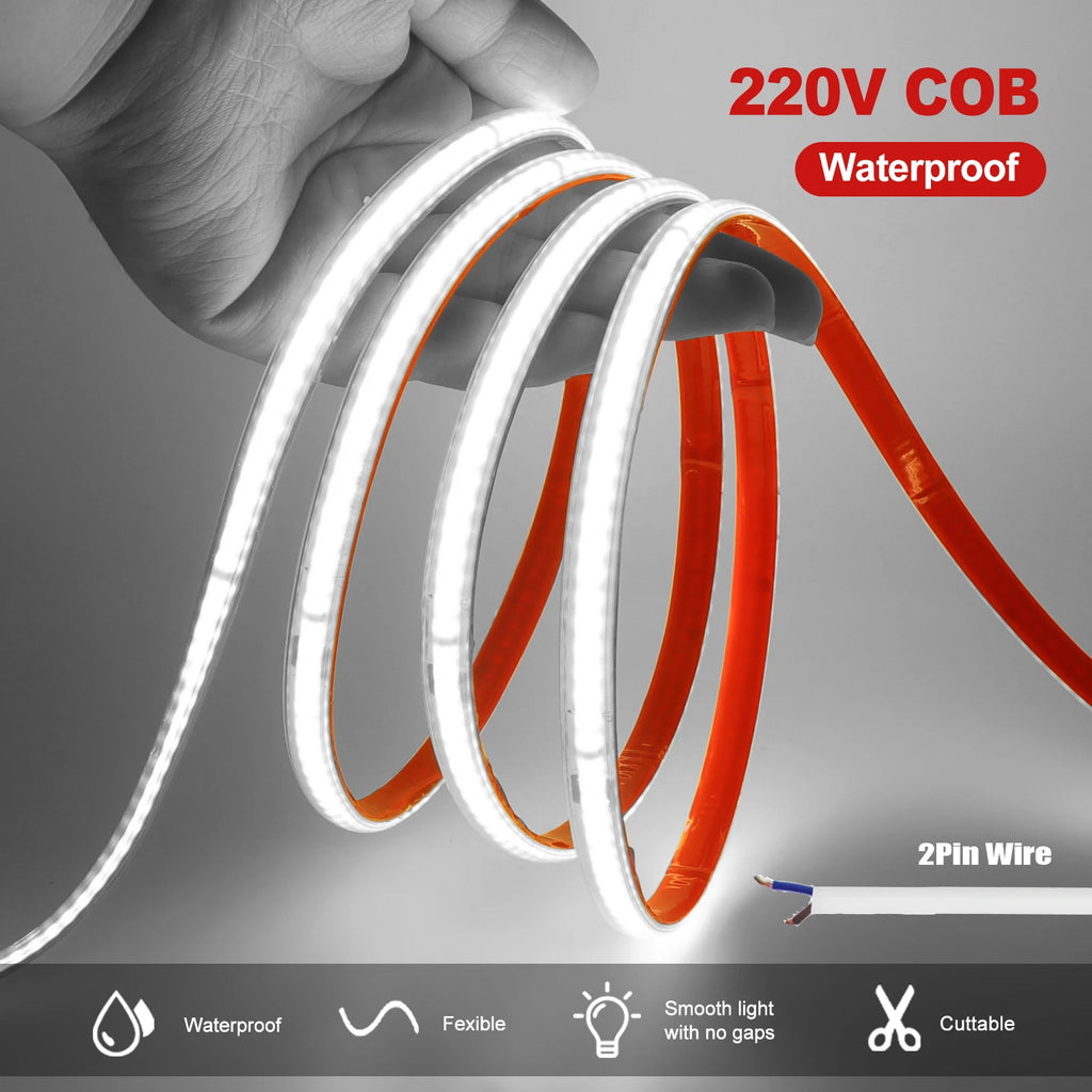 AC 220V COB LED Strip Light — 240 LEDs/m (73 LEDs/ft) IP65 Waterproof, 3000K/4000K/6000K, 10 cm (3.94 in) Cuttable Self-Adhesive Flexible Tape