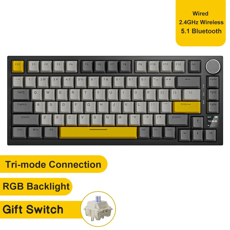 75% Compact Mechanical Gaming Keyboard — Bluetooth 5.1, 2.4GHz & USB-C Wired, Hot-Swappable PBT Keycaps with Metal Volume Knob, RGB