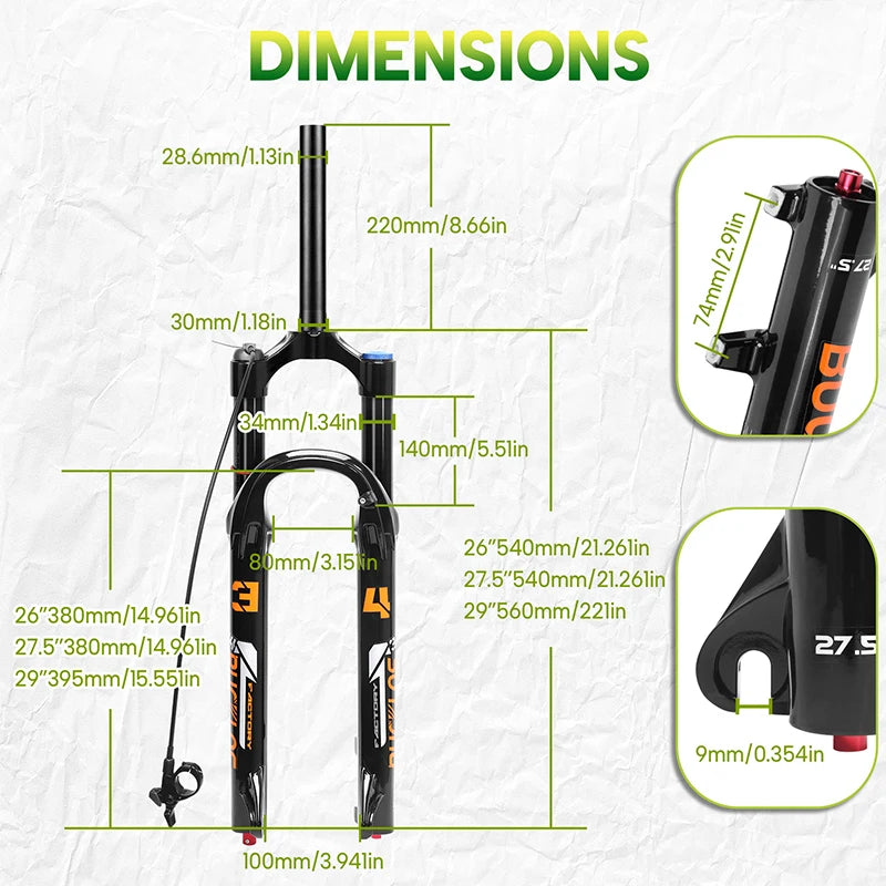 MTB Air Suspension Fork 140mm Travel (5.5in) - 26/27.5/29-inch Wheels - 9x100mm QR Axle - 34mm Stanchion, 28.6mm Steerer