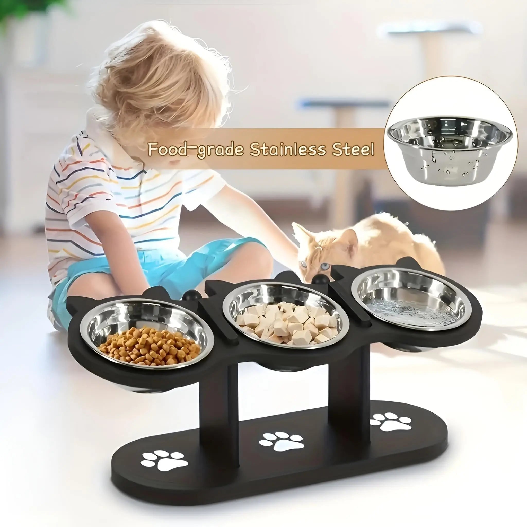 Elevated Stainless Steel Cat Bowl with Black Wooden Stand — 15° Tilted Pet Feeder