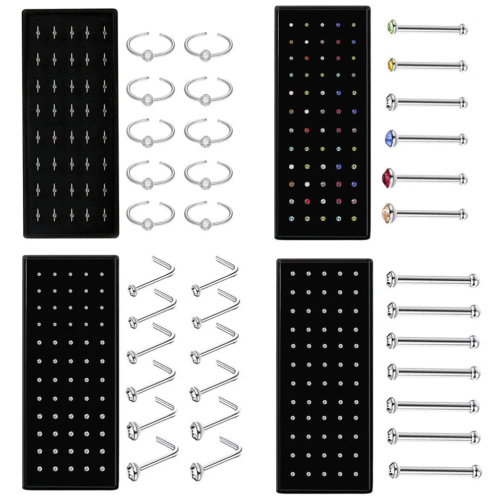 40/60-Piece Crystal 316L Stainless Steel Nose Piercing Kit - Straight L Studs & Helix Body Jewelry