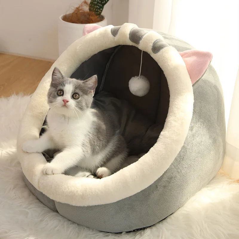 Cartoon Cat Bed Foldable Removable Washable Plush Pet Cave Bed for Cats and Small Dogs