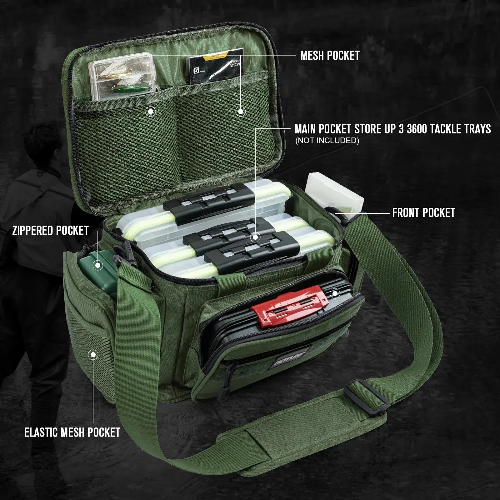 Fishing Tackle Bag 14.96 x 9.05 x 7.48 in (38 x 23 x 19 cm) High-Capacity 600D Oxford Shoulder Backpack for Fishing, Camping & Cycling