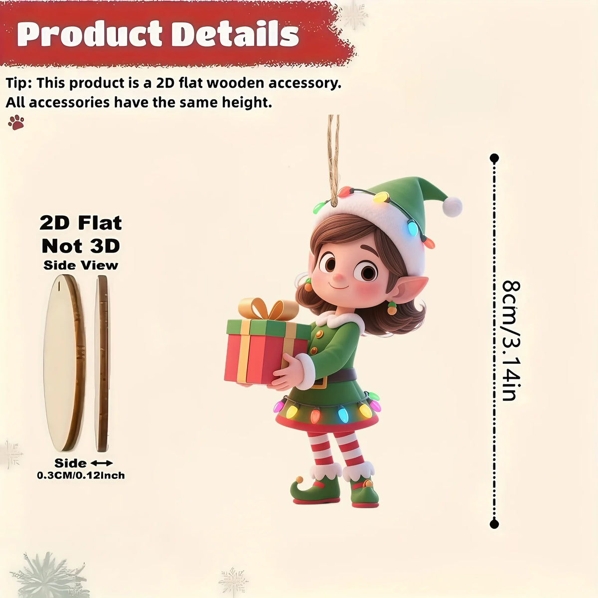 10-Pack Wooden Elf Ornaments - 2D Hanging Christmas Tree Decorations, Flat Elf Holding Gift Pendants for Holiday Party & Home Décor