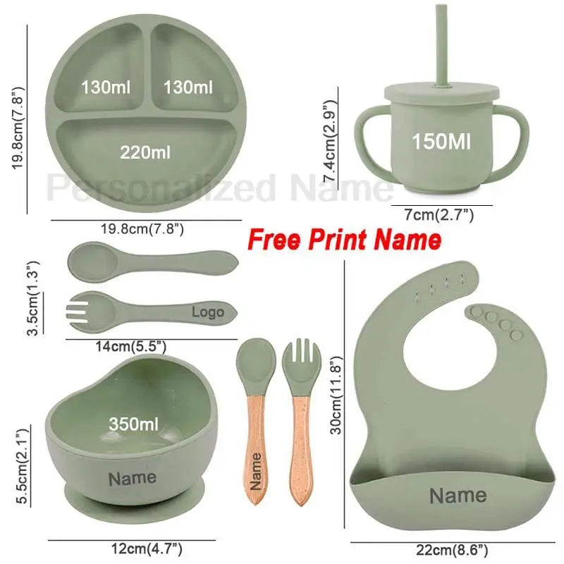 8-Piece Silicone Baby Feeding Set with Suction Plate, Bowl & Straw Cup — Personalized Kids Tableware, BPA-Free