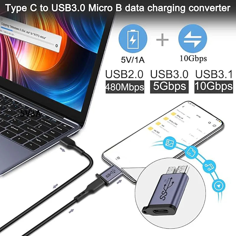 USB 3.0 Micro-B Male to USB-C Female Adapter - Type-C to Micro-B Converter for External Hard Drives & Laptops