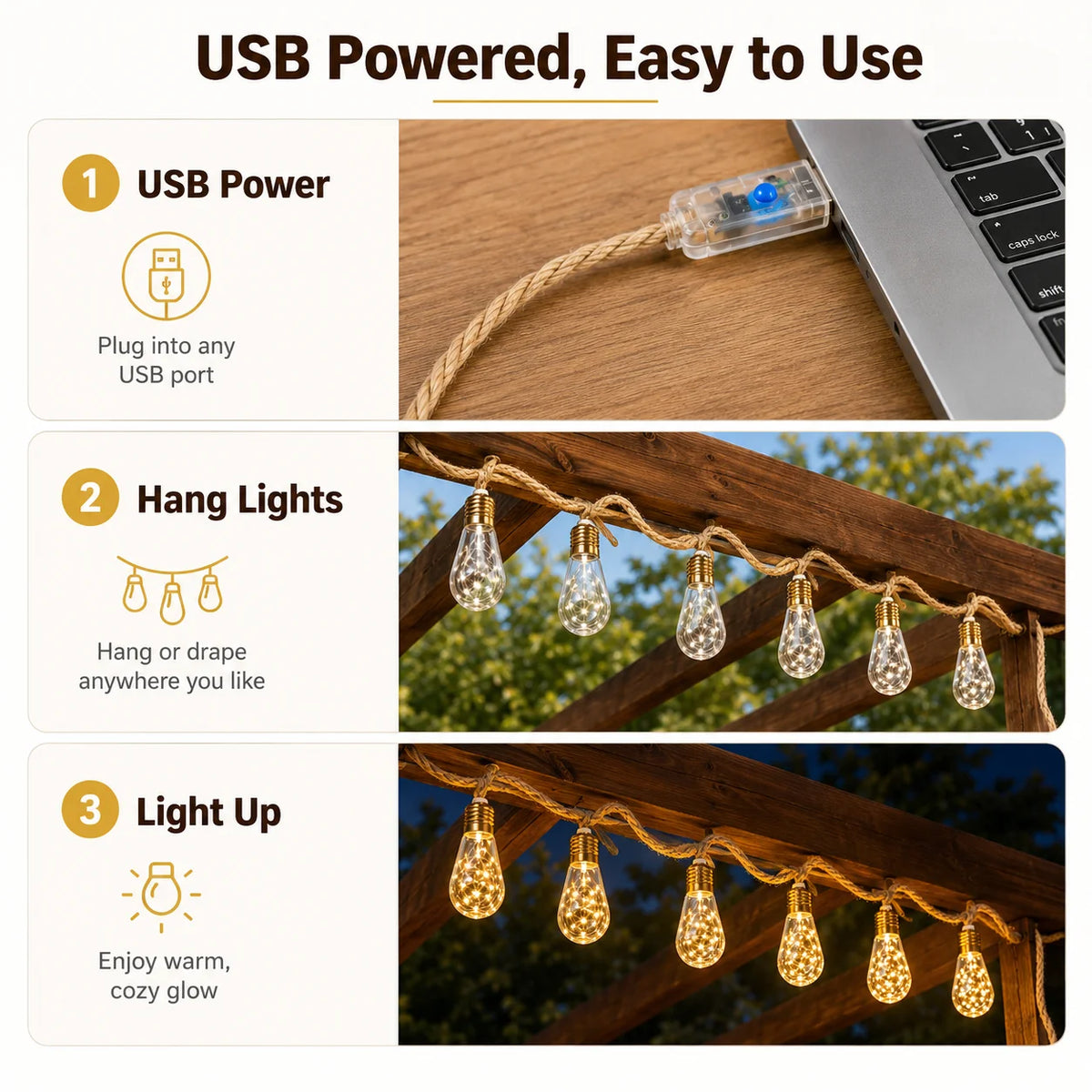 USB Hemp Rope Edison String Lights – Warm White 8/16/24 LED, 4m/6m/8m (13.1/19.7/26.2 ft), 8 Modes – Patio Porch Wedding Garden Decor