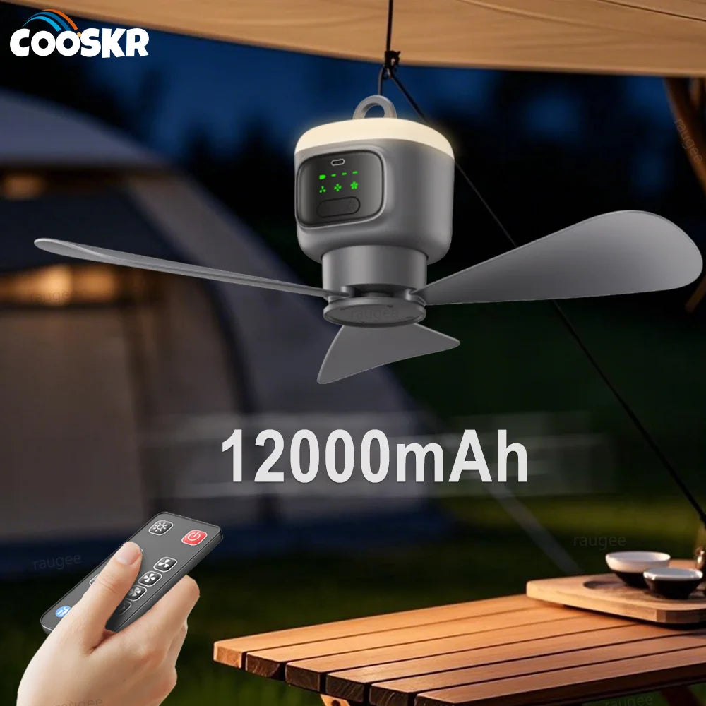 12000mAh Portable Rechargeable Ceiling Fan with Remote & LED Light — 450mm (17.7 in) Camping Tent Air Circulator