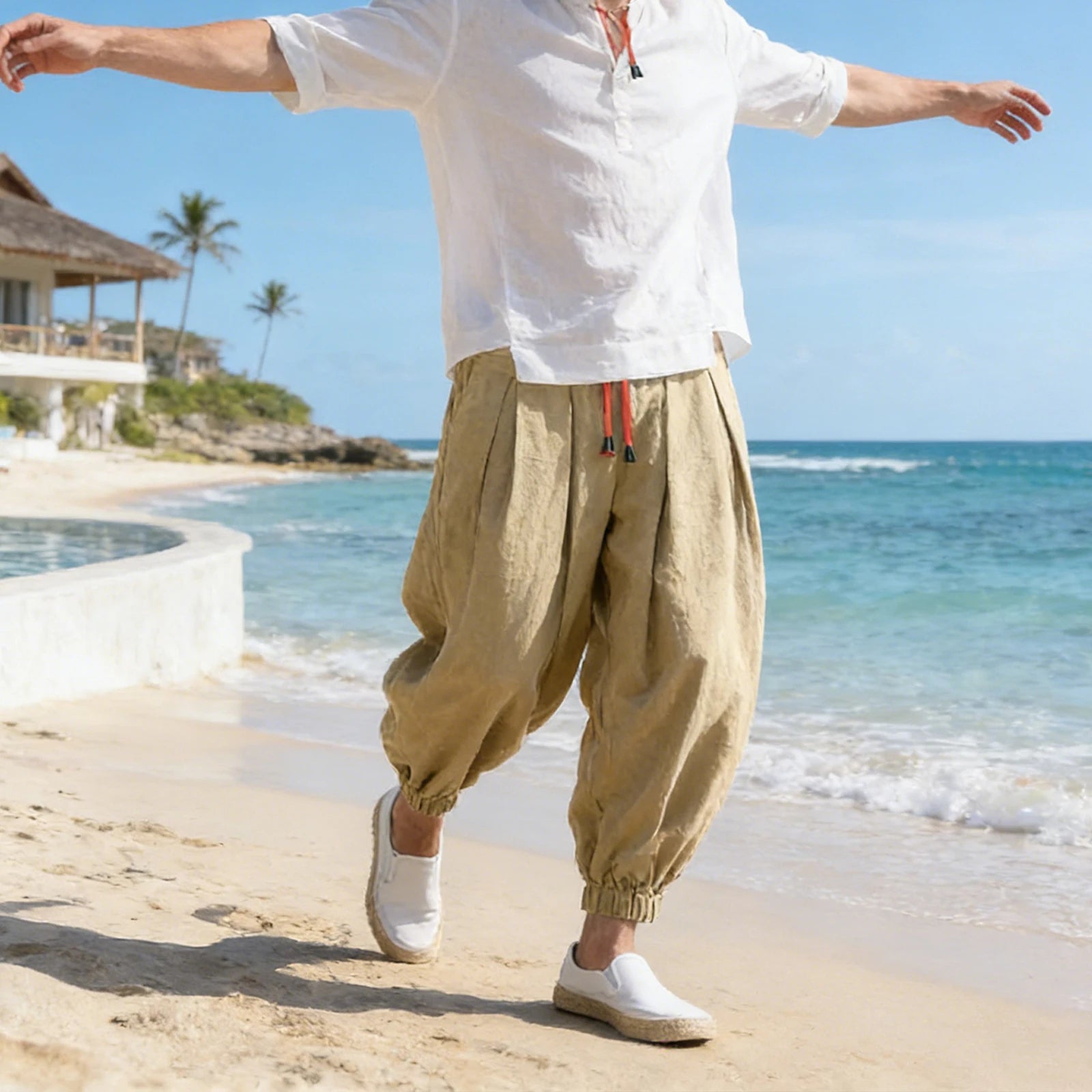 Men's Linen Ankle-Length Cropped Pants Elastic Waist Pleated Loose Beach Travel Casual Trousers