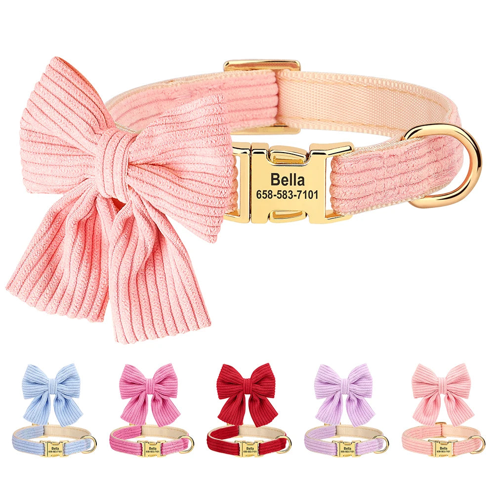 Personalized Dog Collar with Large Bow Tie - Adjustable ID Collar with Free Engraving for Small, Medium, Large Dogs and Cats