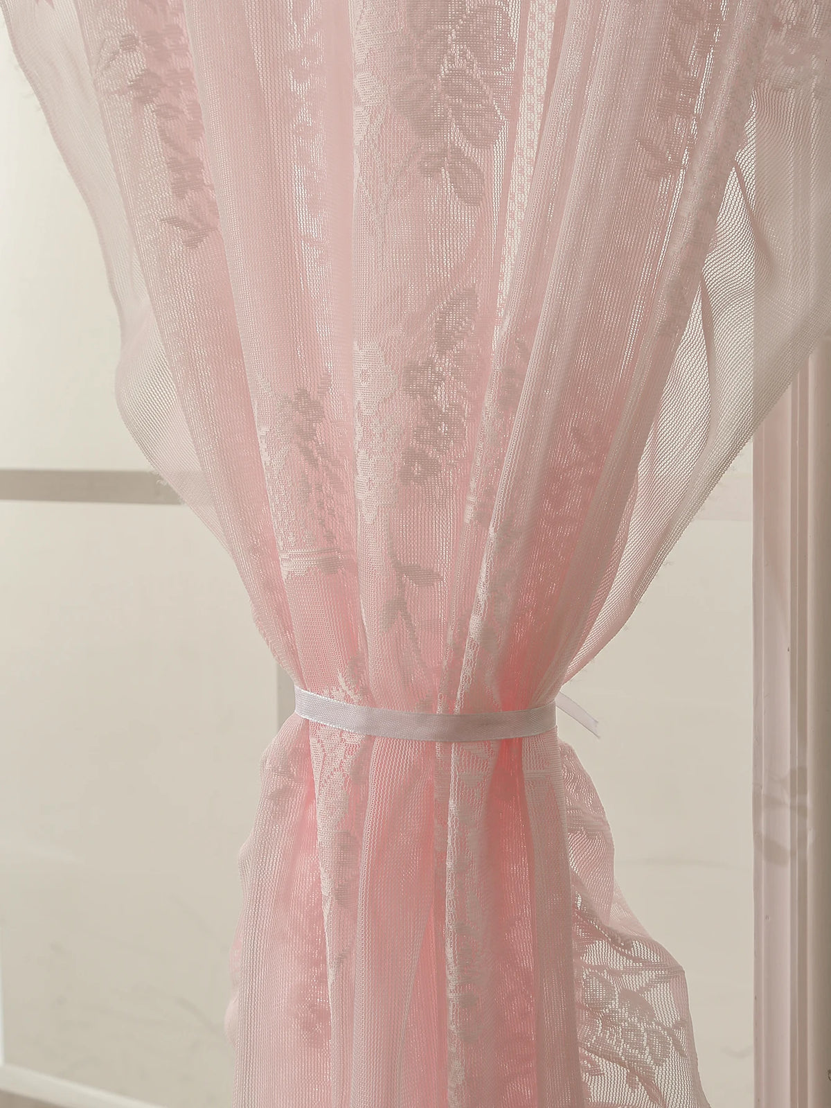 78-Inch (198 cm) Pink Lace Rod-Pocket Sheer Curtain – Floral Translucent Drapes for Girls Bedroom & Balcony