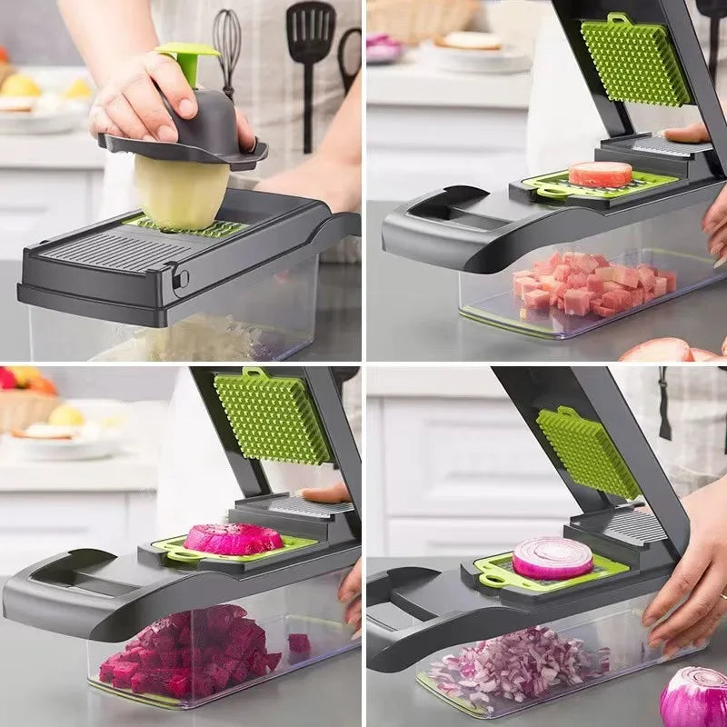 16-Piece Multifunctional Vegetable Slicer & Chopper Set - Food-Grade Stainless Steel Grater with Collector Basket