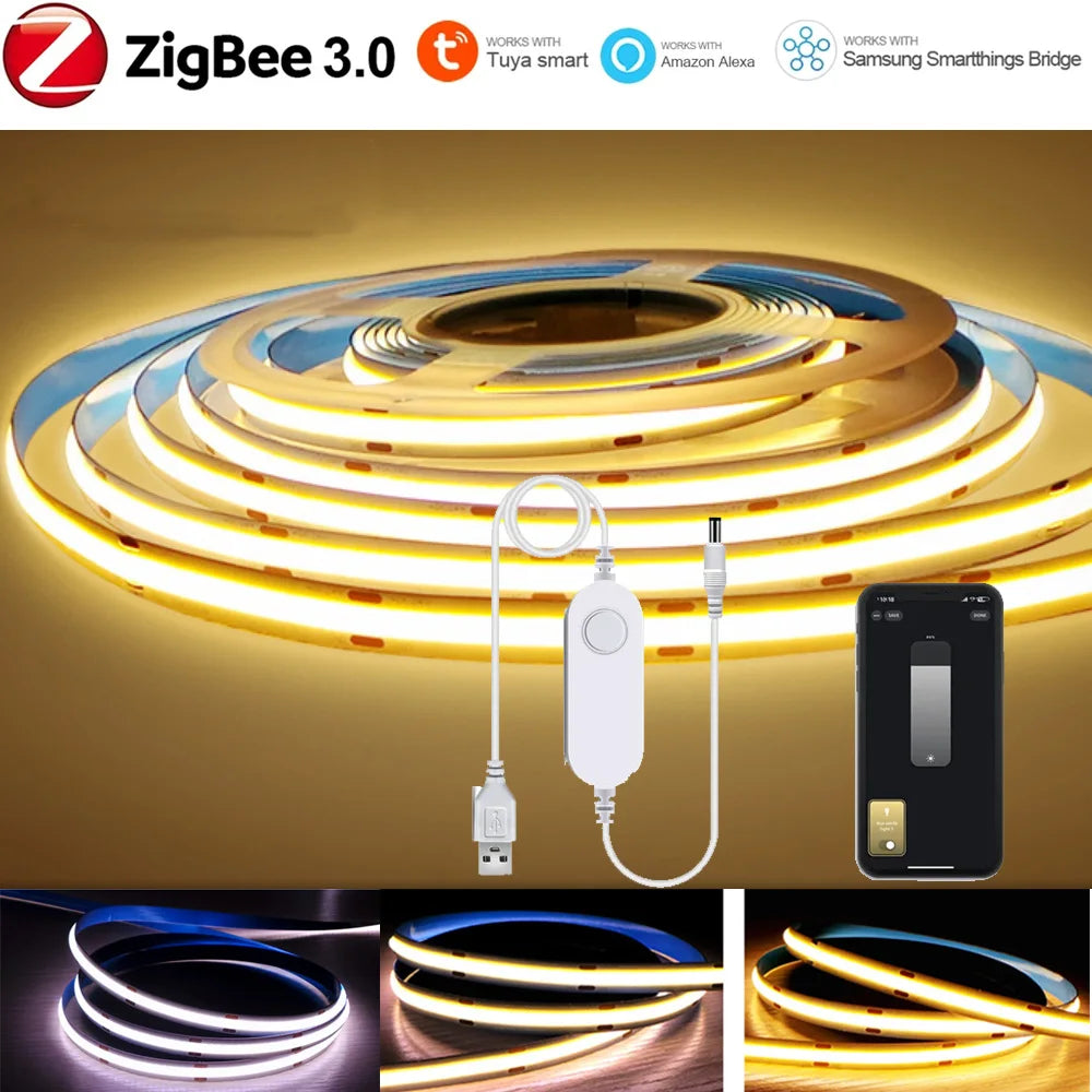 USB Tuya Zigbee 3.0 COB LED Strip Light — 1–5m (3.3–16.4ft), 320 LED/m, Dimmable Warm & Cool White, 5V for Alexa & Google Home