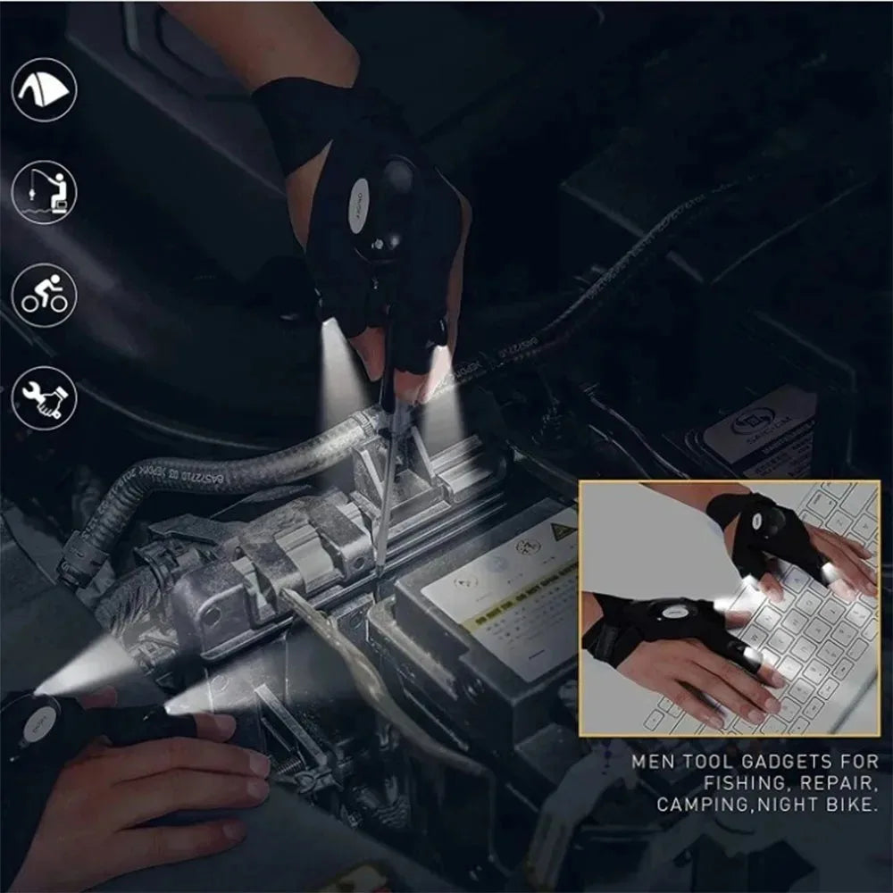 LED Fingerless Gloves with Built-In Finger Lights for Fishing & Cycling