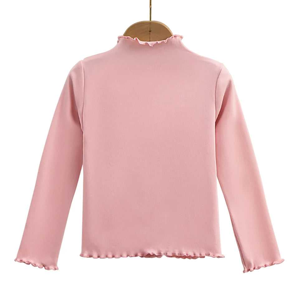 Girls Turtleneck Long Sleeve Lettuce-Edge Knit Tee – Solid Color Autumn Winter Top