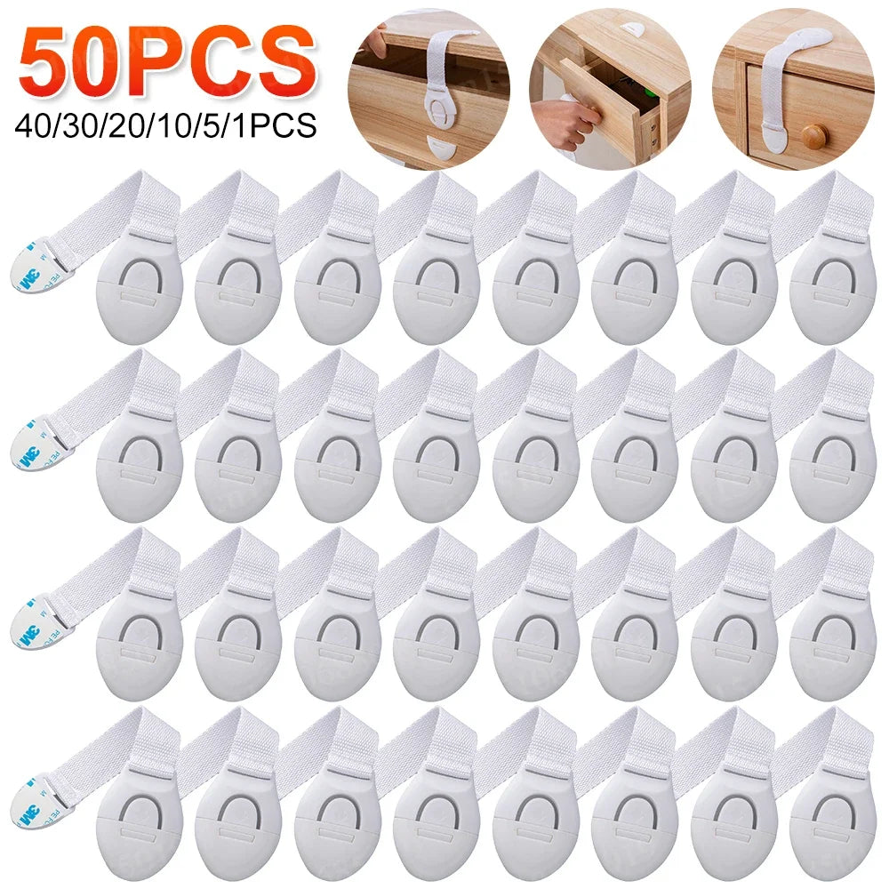 Child Safety Strap Locks — Adhesive No-Drill Cabinet & Drawer Latches, Adjustable, 1-Pack or 10-Pack