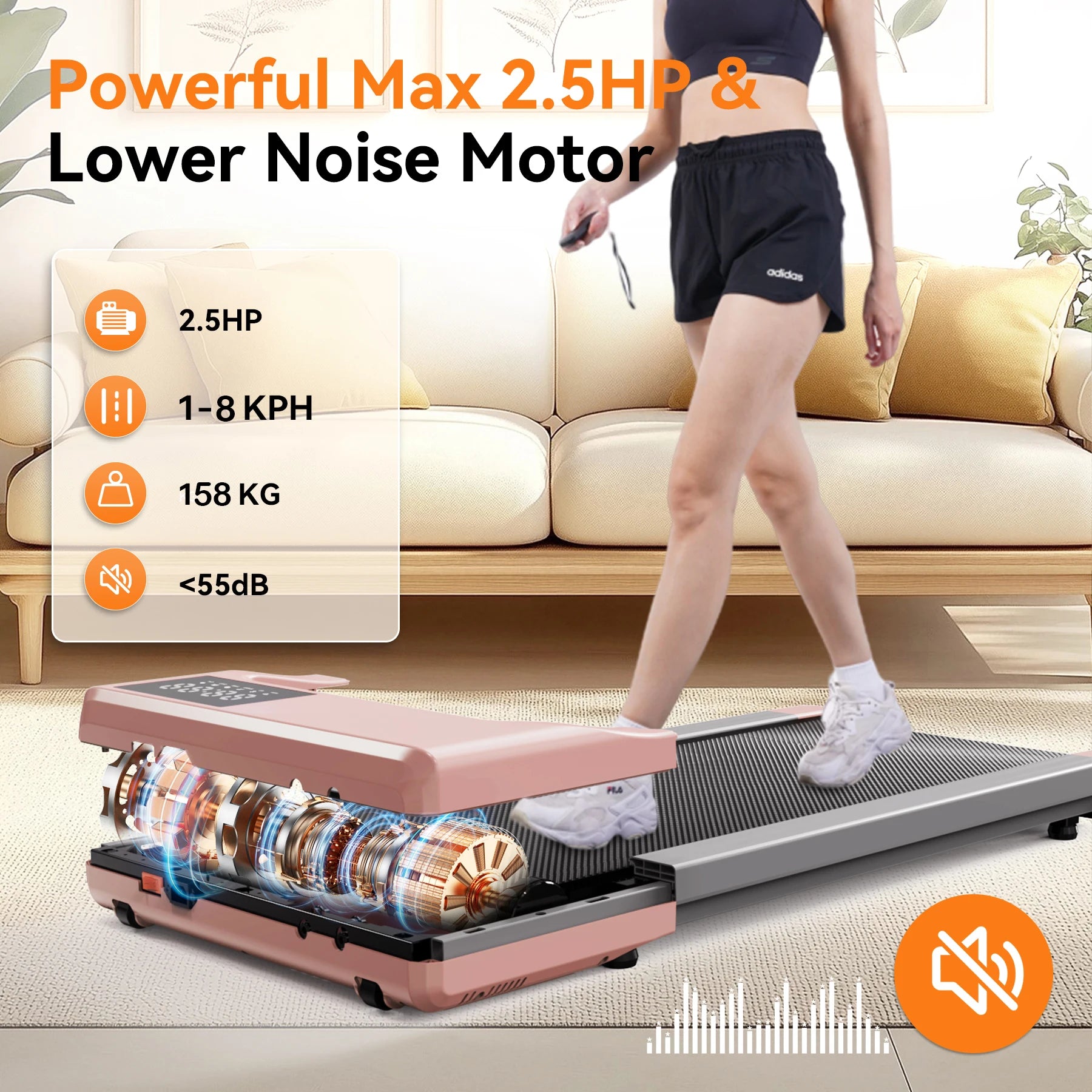 Under-Desk Treadmill Walking Pad — Quiet 2.5HP Electric Treadmill with App & Remote, LCD Display, Portable Low-Profile for Home Office and Light Jogging