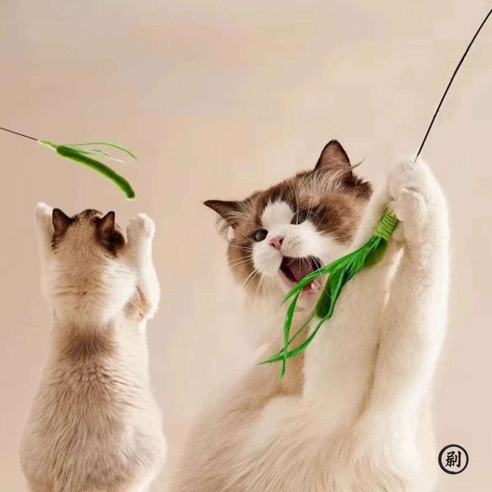 Interactive Feather Wand for Cats – 19.7 in (50 cm) Sage Tail Grass Teaser Stick, Bite-Resistant Sound Toy for Kittens