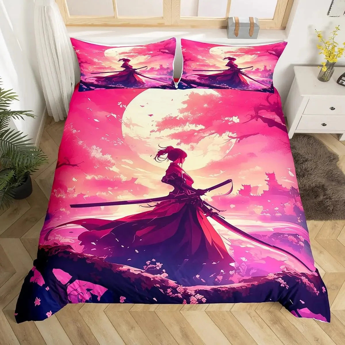 Japanese Samurai Duvet Cover Set 3-Piece - Cherry Blossoms Red Sun & Mount Fuji Print - Multiple Sizes (Twin/Full/Queen/King)