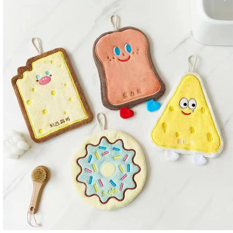Cute Food-Shaped Coral Velvet Hand Towel — Absorbent Kitchen & Bathroom Cloth (Cheese Toast Cookie Donut)