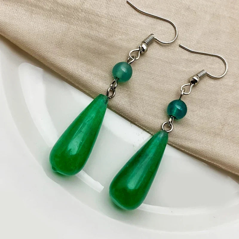 Korean Natural Stone Drop Earrings – Handmade Malachite & Tiger Eye Statement Earrings for Women Party Gift