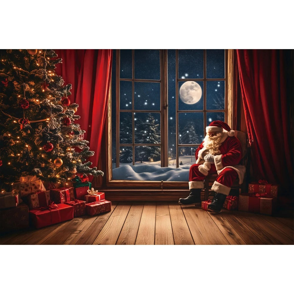Christmas Photography Backdrop - Red Curtain & Window Scene with Snowy Bear and Gifts for Kids & Family Portraits