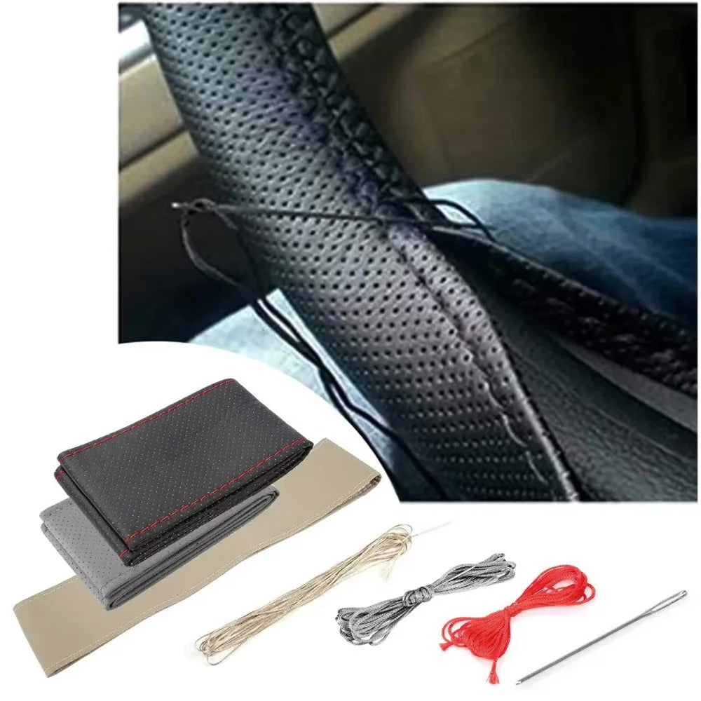 PU Leather Steering Wheel Cover with Needles & Thread - Anti-Slip Breathable DIY Stitch Kit, Fits 36–38 cm (14.2–15 in) | Multiple Colors