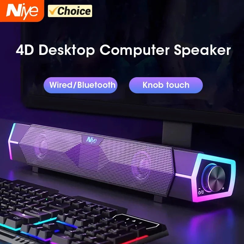 4D Bluetooth Soundbar for Laptop & PC — USB-Powered 2.0 Stereo Surround with RGB Lights & Built-in Mic