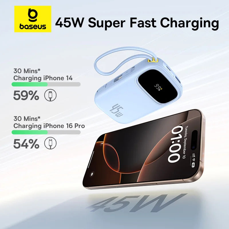 45W Power Bank – 10,000mAh & 20,000mAh Portable Charger with Built-in USB-C + Lightning Cables, USB-A Fast Charge