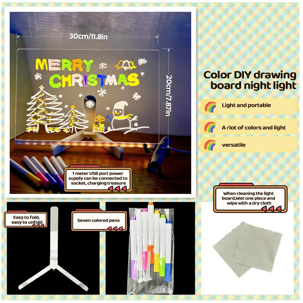 LED Acrylic Message Board with Night Light and 7 Color Pens – DIY Rewritable Kids Drawing & Birthday Gift