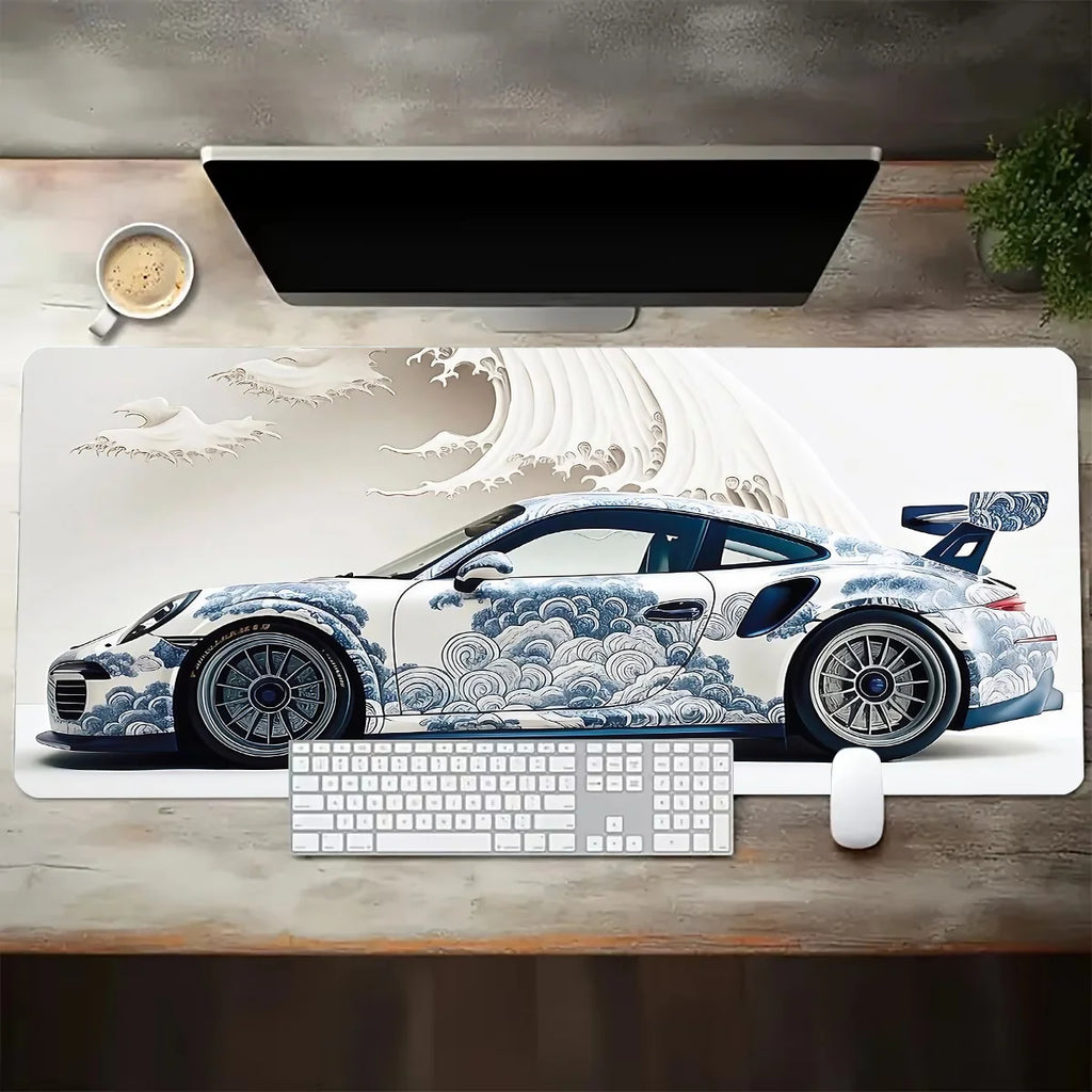 Large Extended Gaming Mouse Pad – White Sports Car Design, Anti-Slip Rubber Base Desk Mat for Gamers & Office
