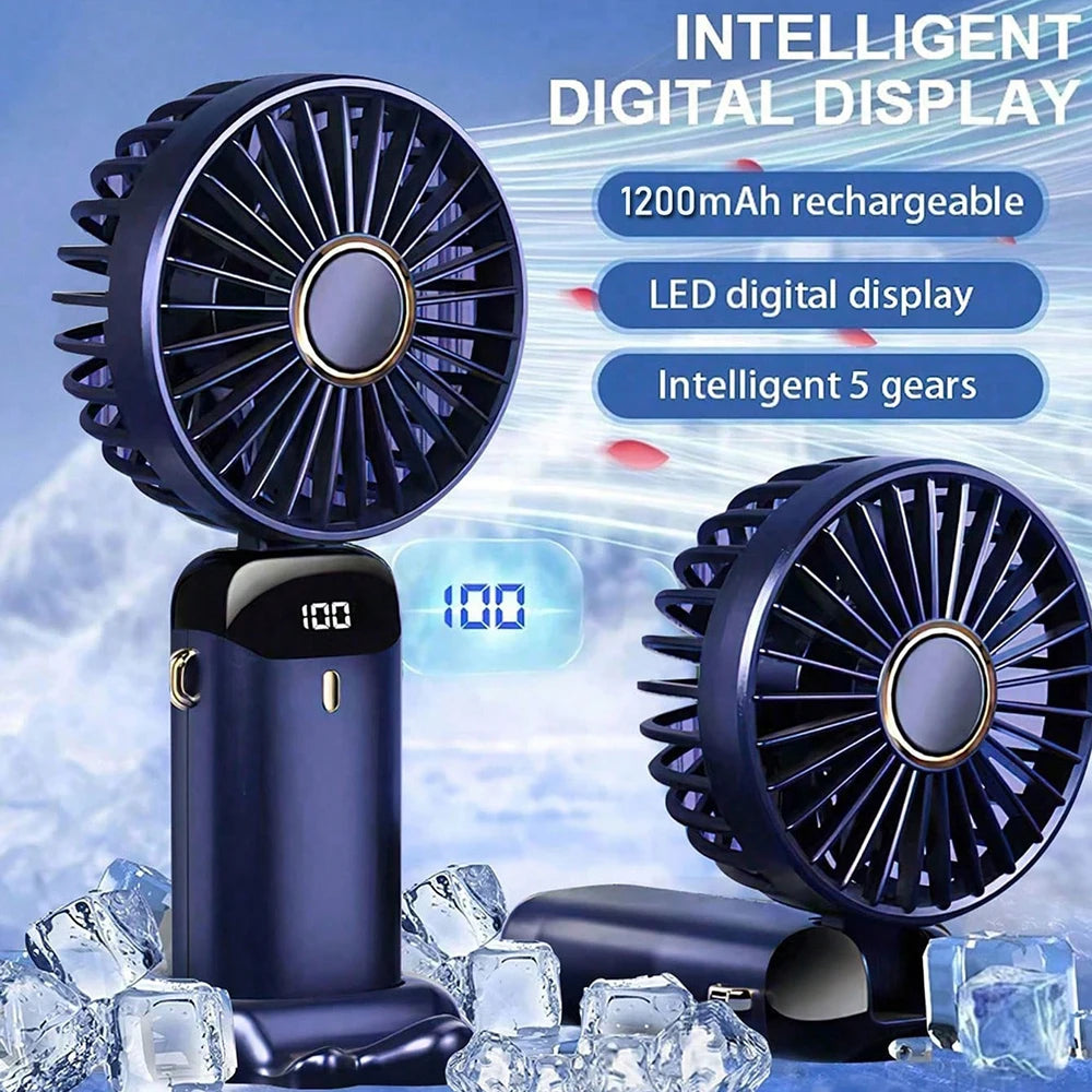 Portable USB Rechargeable Handheld Fan with LED Display, 90° Adjustable 5-Speed Mini Aromatherapy Fan