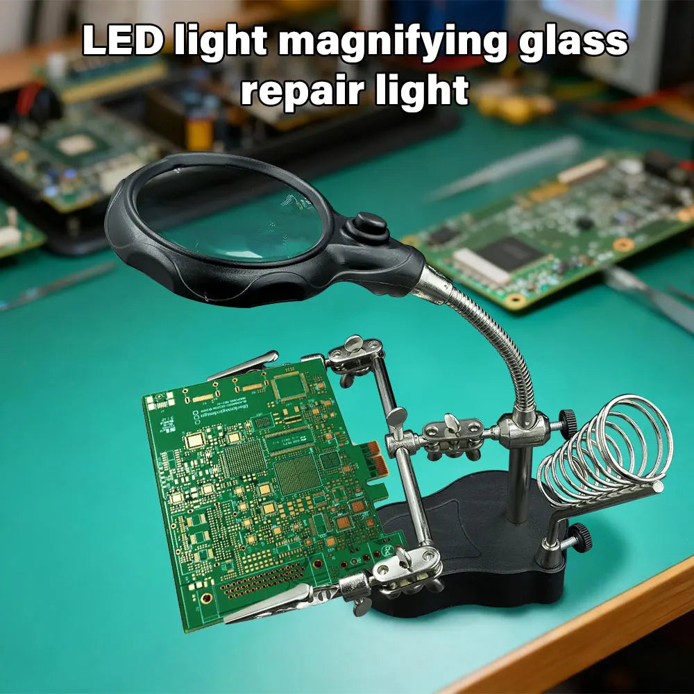 LED Clip Helping Hand Magnifier 3.5x/12x for Soldering, PCB Repair & Soldering Iron Stand