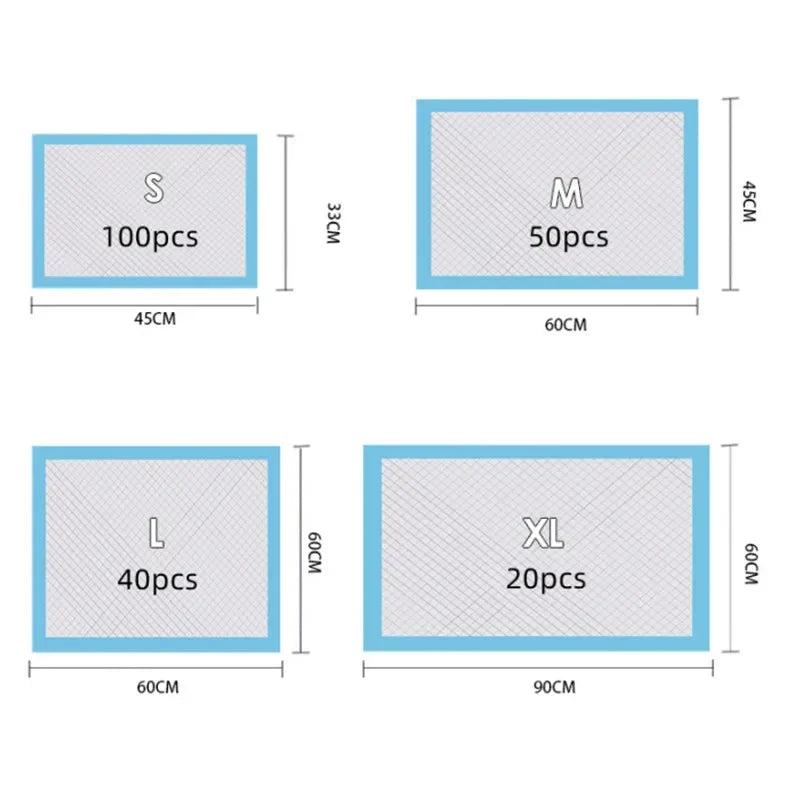 Super Absorbent Disposable Pet Training Pads - Dog & Cat Diaper Mat Quick-Dry, S 100pcs (13 x 17.7 in / 33 x 45 cm), M 50pcs (17.7 x 23.6 in / 45 x 60 cm), L 40pcs (23.6 x 23.6 in / 60 x 60 cm), XL 20pcs (23.6 x 35.4 in / 60