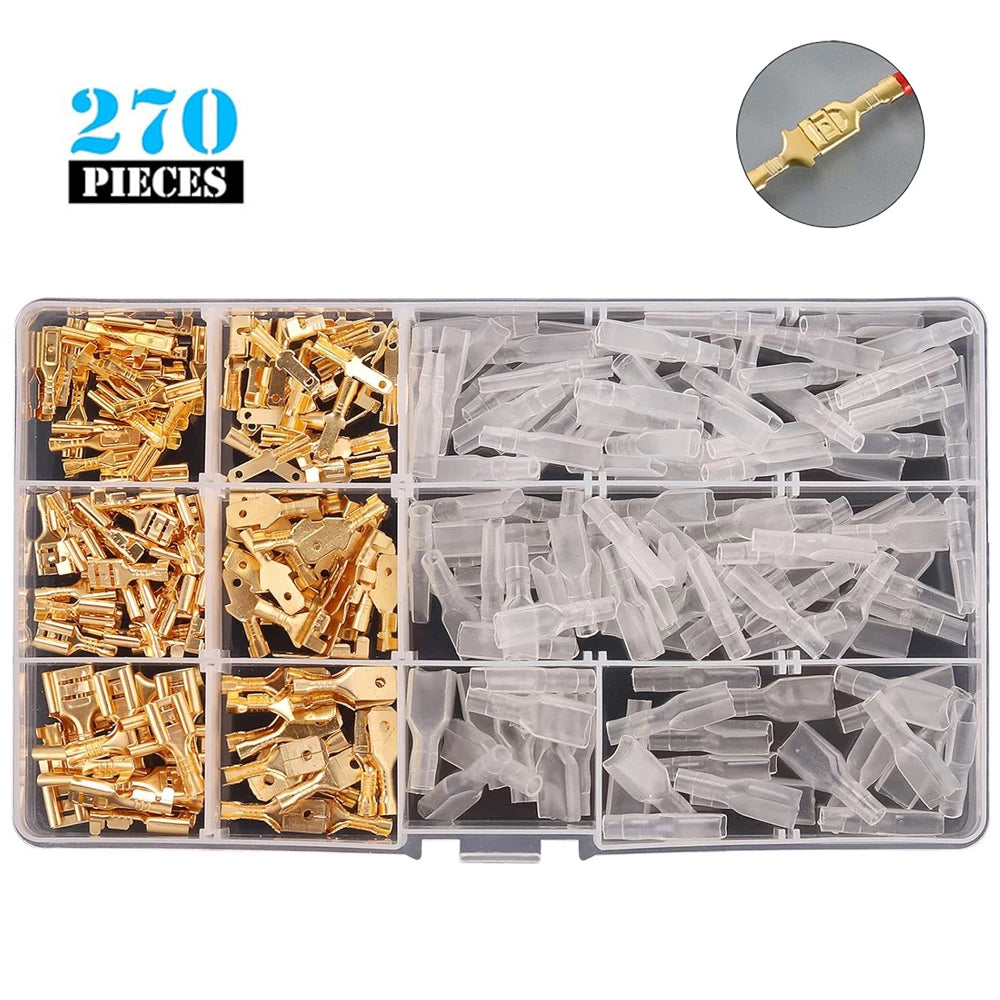 270-Piece Insulated Male & Female Wire Spade Connector Kit 2.8/4.8/6.3 mm (0.11/0.19/0.25 in) – Electrical Crimp Terminals with Storage Box