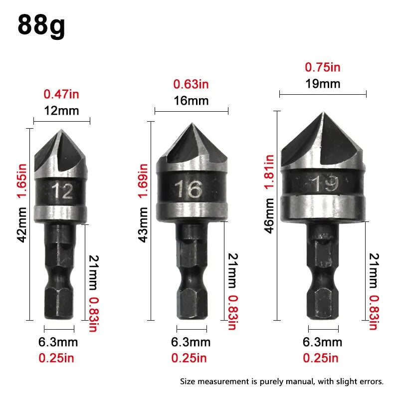 3-Piece 90° Five-Blade Countersink Bit Set - Hex Shank 12/16/19mm (1/4 in / 6.35mm) for Wood
