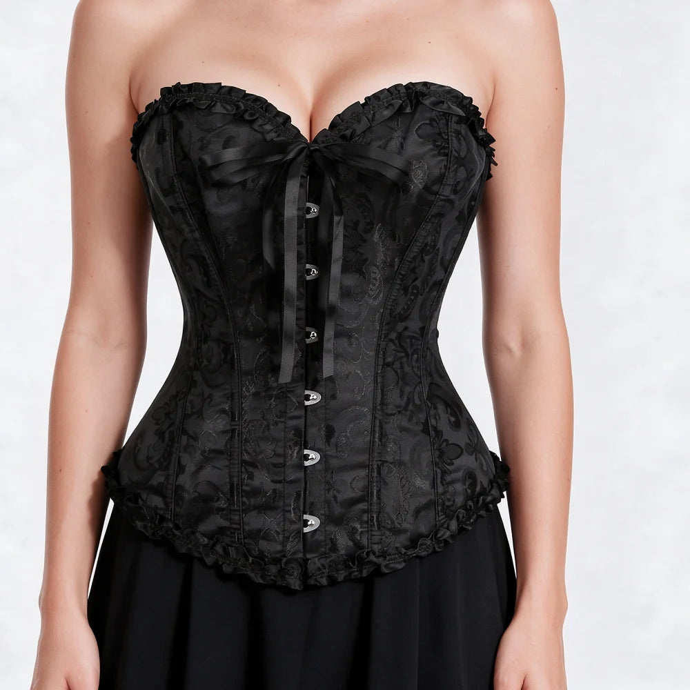 Women's Victorian Gothic Overbust Corset Bustier - Jacquard Brocade Front Busk Waist Cincher