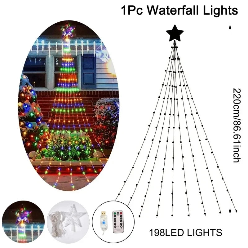 Pentagram Waterproof 2.2M (7.2 ft) 198-LED Waterfall Fairy String Lights USB/Battery Powered for Christmas Tree Patio Camping
