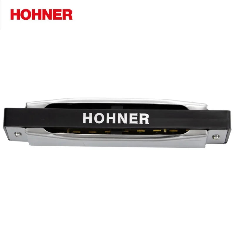 Hohner Silver Star harmonica top view showing the engraved Hohner logo