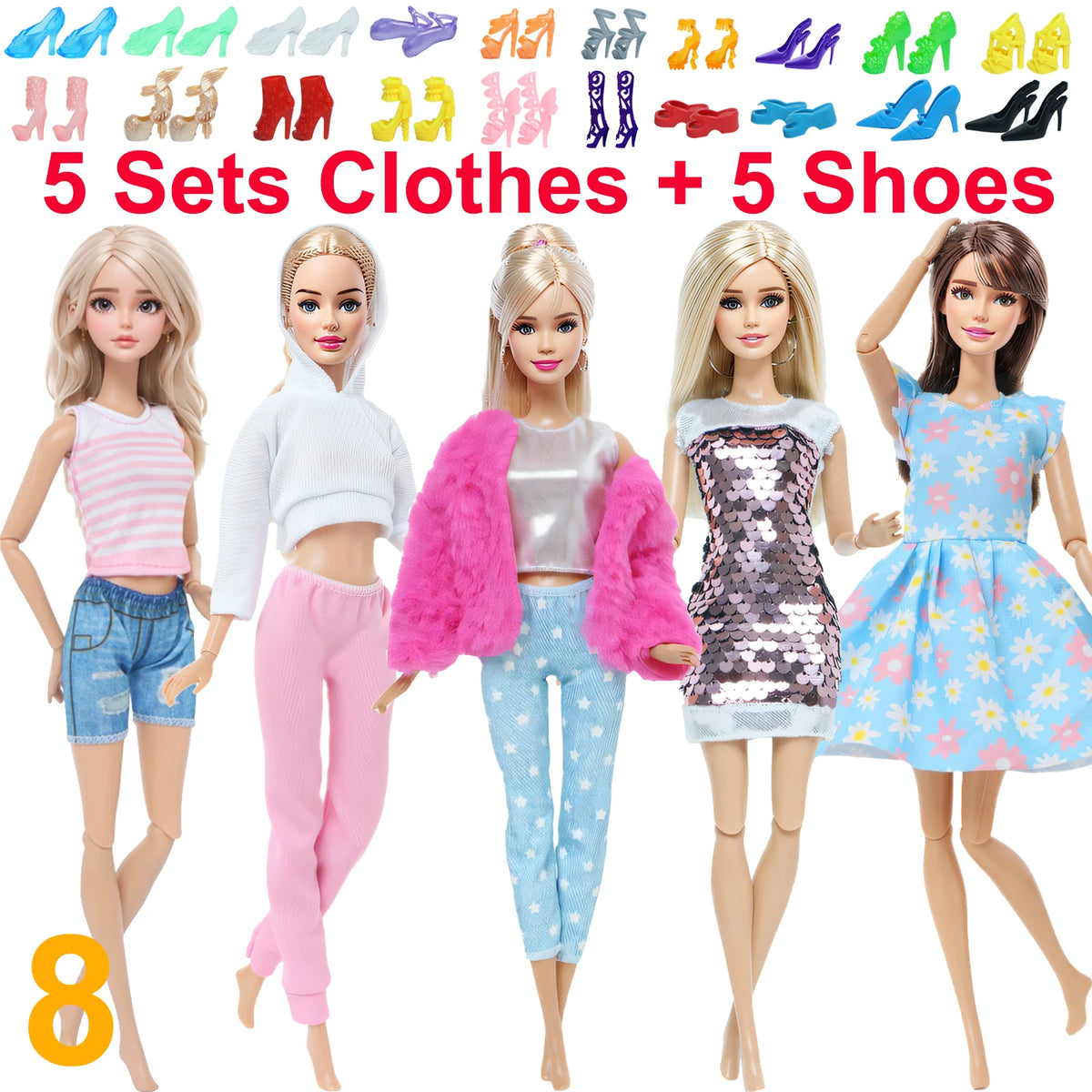 10-Piece 1/6 Scale Doll Clothes Set for 11.5–12 in (30 cm) Dolls — Dresses, Shirts, Pants & Shoes