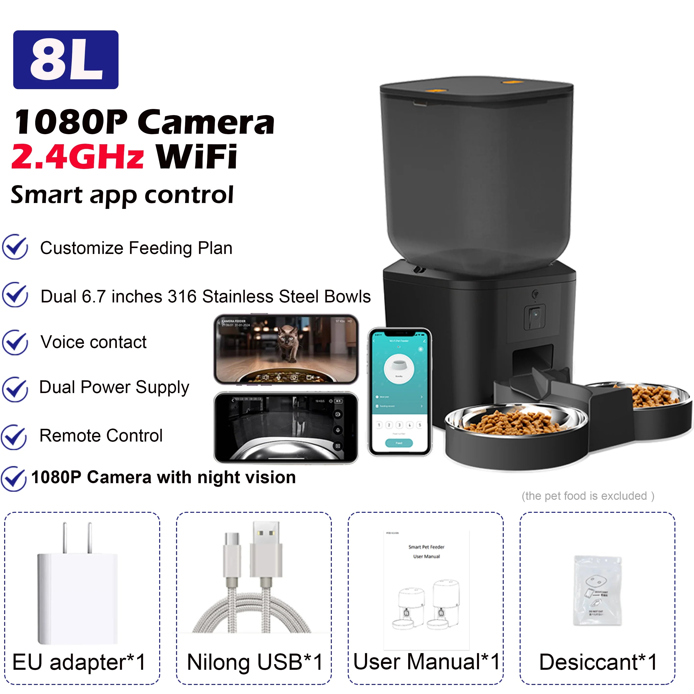 8L Automatic Pet Feeder with 1080P Camera, 2.4/5GHz WiFi, Stainless Steel Bowl, App Control & Voice Recorder